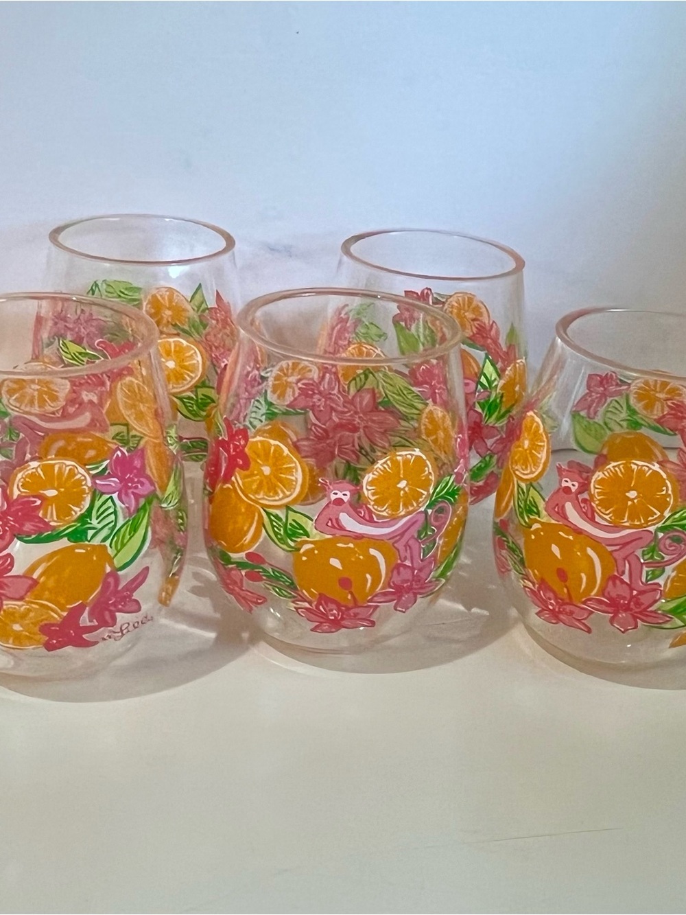 LILLY PULITZER “Peelin’ out” Acrylic Stemless Wine Glasses (Set of 5)